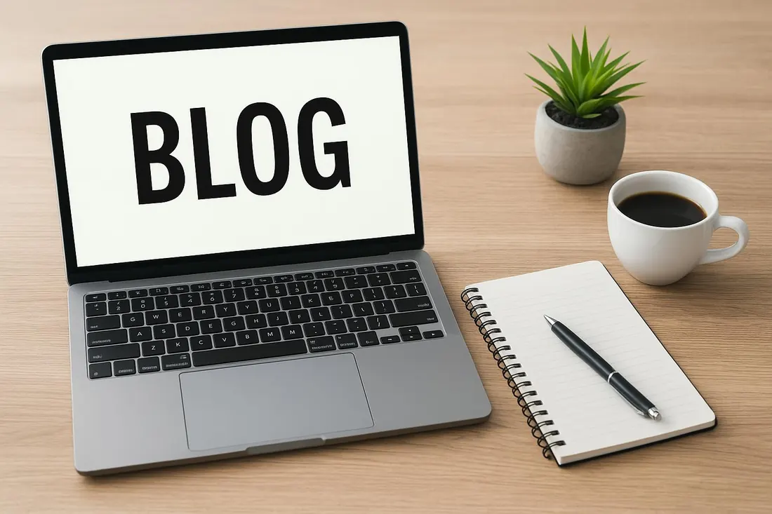 Laptop mit der Aufschrift „Blog“ auf einem Schreibtisch